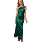 One-Shoulder Ruched Green Maxi Dress - VacationGrabs