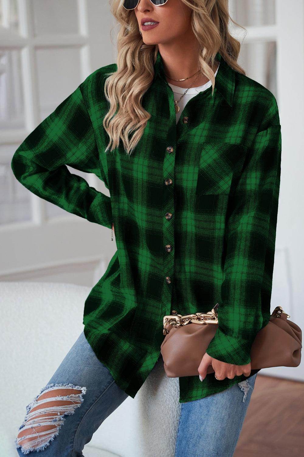 Plaid Button Up Dropped Shoulder Outerwear - VacationGrabs