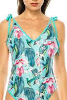 One Piece Bathing Suit Floral Print Shouler Top Ti - VacationGrabs