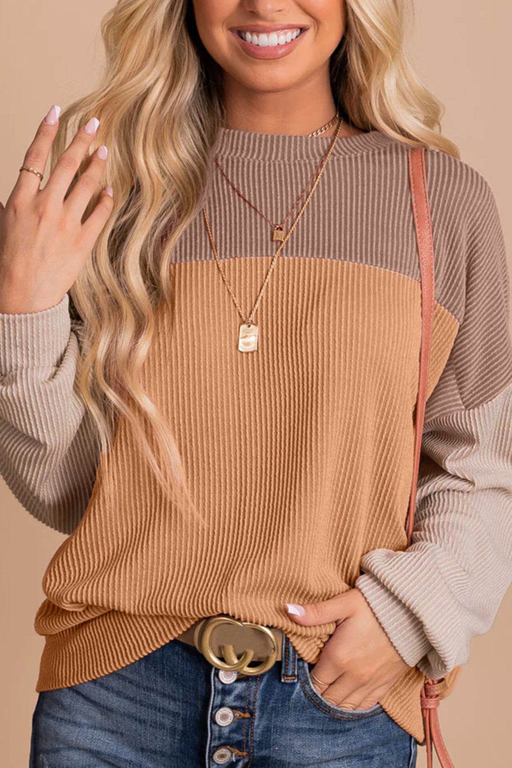 Khaki Color Block Long Sleeve Ribbed Loose Top - VacationGrabs