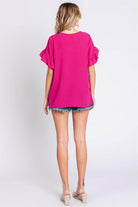 GeeGee V-Neck Ruffle Trim Short Sleeve Blouse - VacationGrabs
