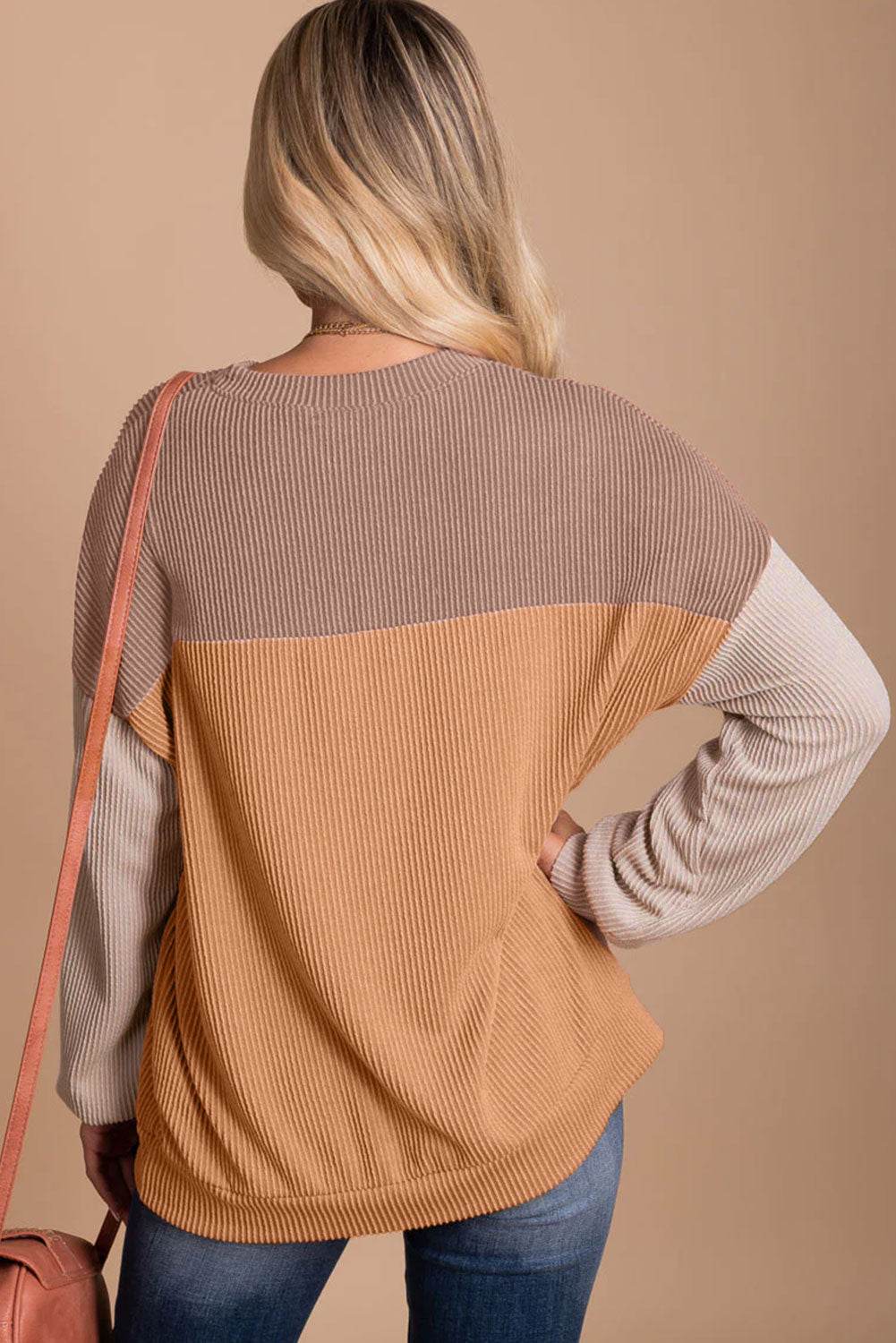 Khaki Color Block Long Sleeve Ribbed Loose Top - VacationGrabs