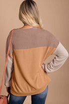 Khaki Color Block Long Sleeve Ribbed Loose Top - VacationGrabs