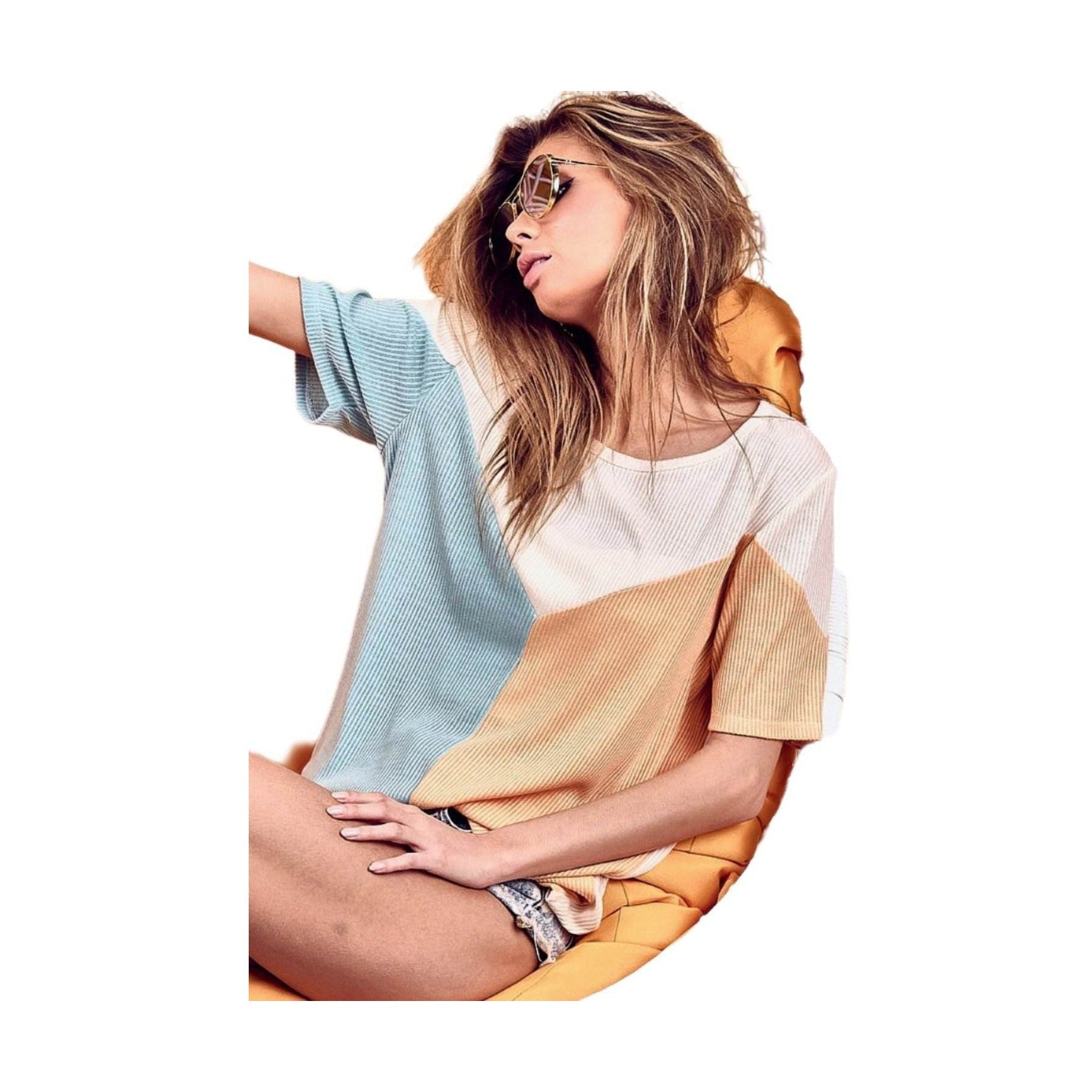 BiBi Round Neck Color Block Short Sleeve T-Shirt - VacationGrabs