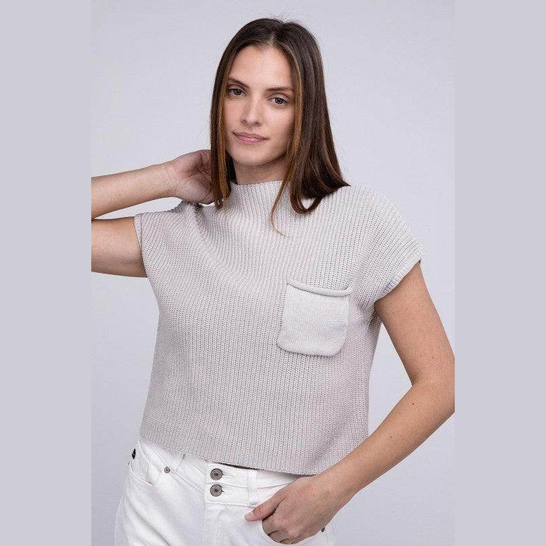 Mock Neck Short Sleeve Cropped Sweater - VacationGrabs