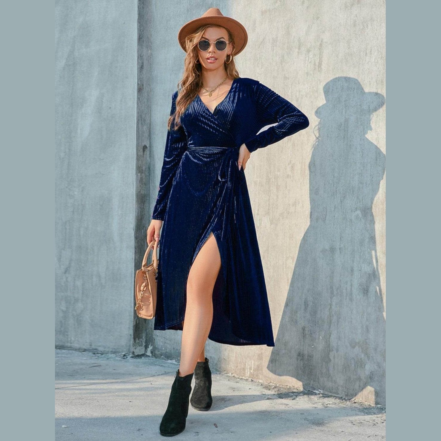 Tie Front Long Sleeve Slit Dress - VacationGrabs