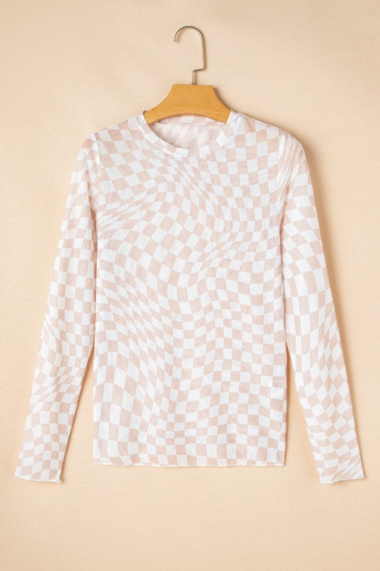 Long sleeve checkerboard shirt women with a unique wavy pattern design in soft fabric