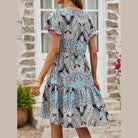 Printed V-Neck Tiered Dress - VacationGrabs