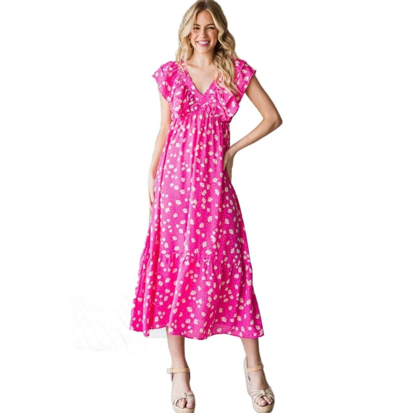 Reborn J Printed V-Neck Ruffle Trim Tiered Midi Dress - VacationGrabs