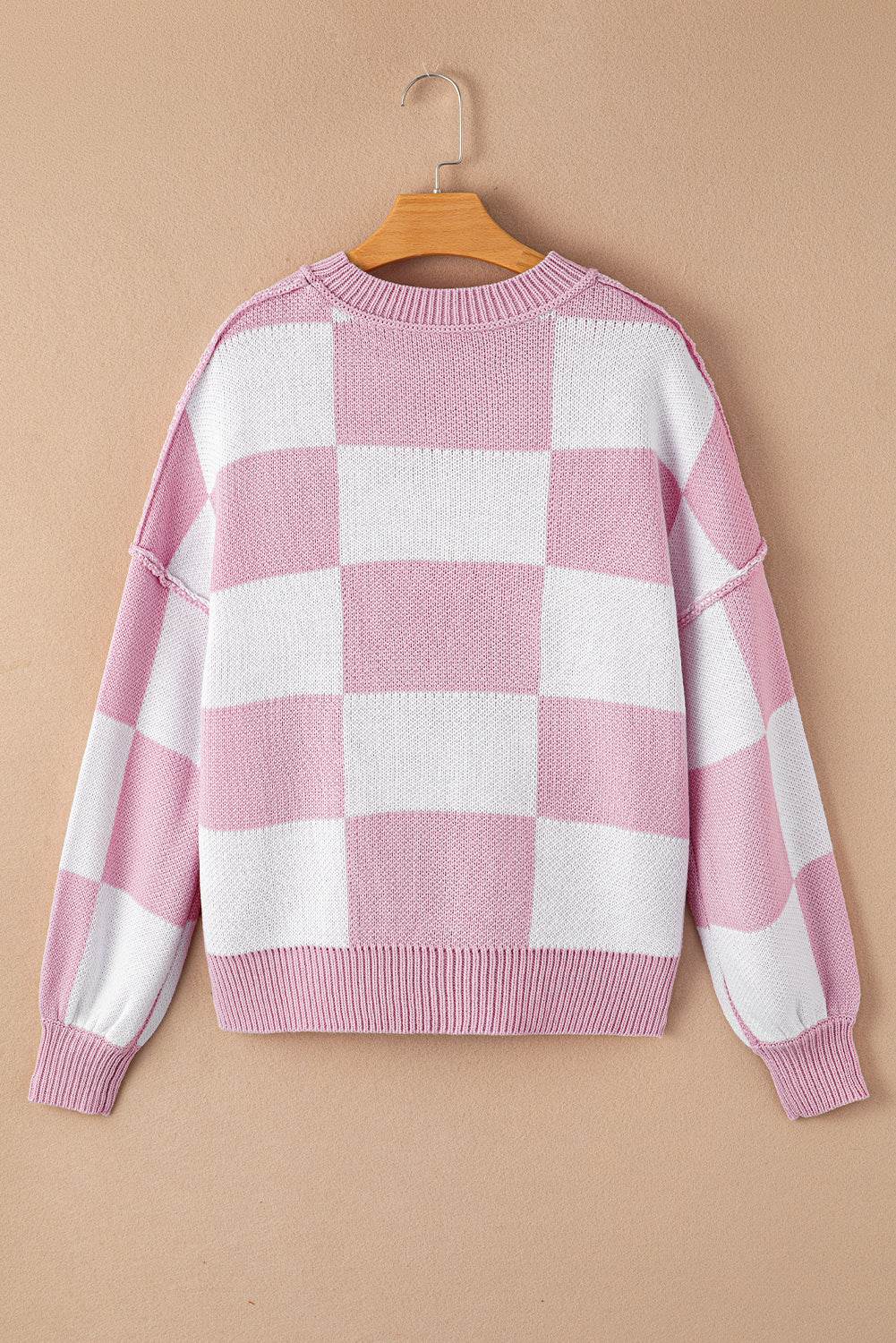 Pink Checkered Bishop Sleeve Sweater - VacationGrabs