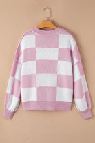 Pink Checkered Bishop Sleeve Sweater - VacationGrabs
