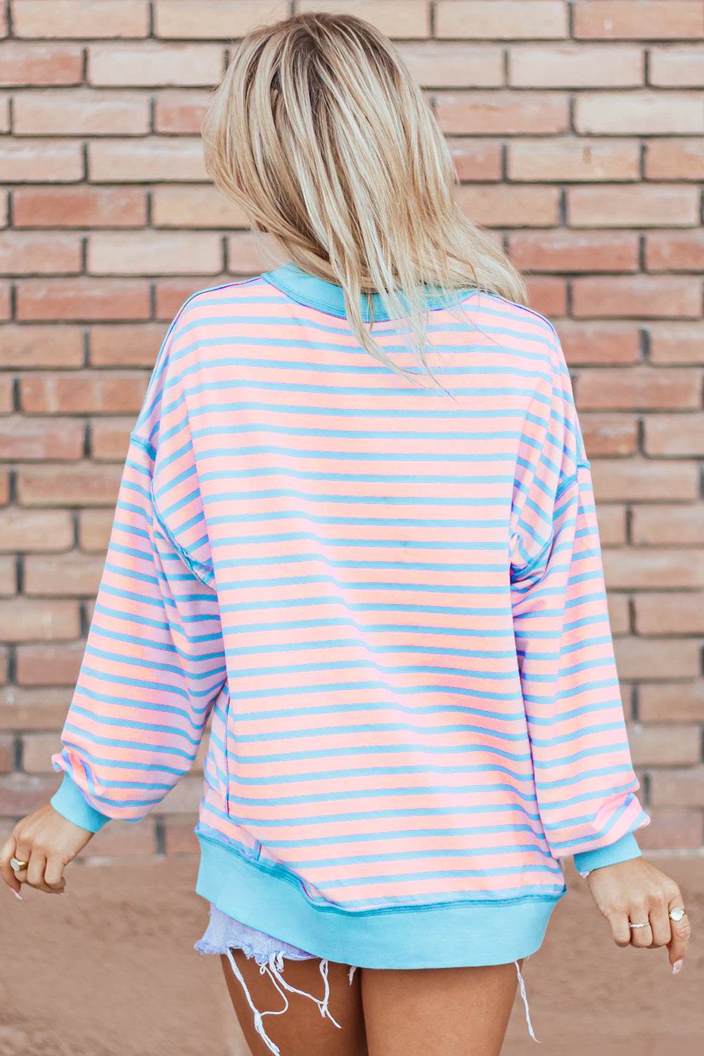 Pink Stripe Contrast Trim High Low Pullover Tunic - VacationGrabs