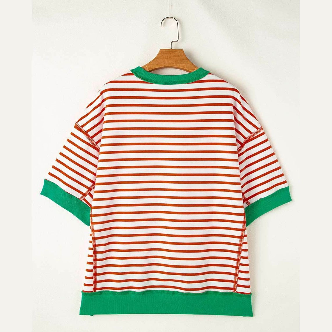 Orange Stripe Oversized Contrast Trim Exposed Seam High Low T Shirt - VacationGrabs