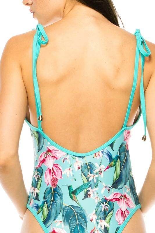 One Piece Bathing Suit Floral Print Shouler Top Ti - VacationGrabs