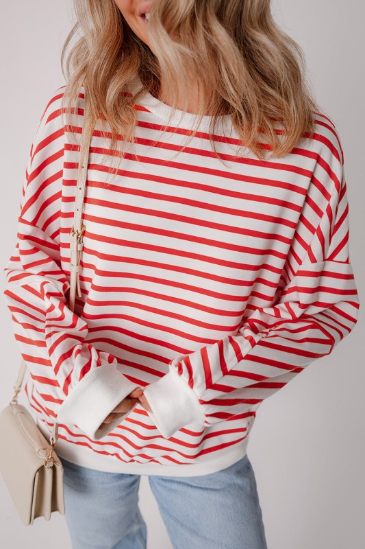 JUNIPER BLVD striped drop shoulder sweatshirt featuring bold red and white stripes for a casual look