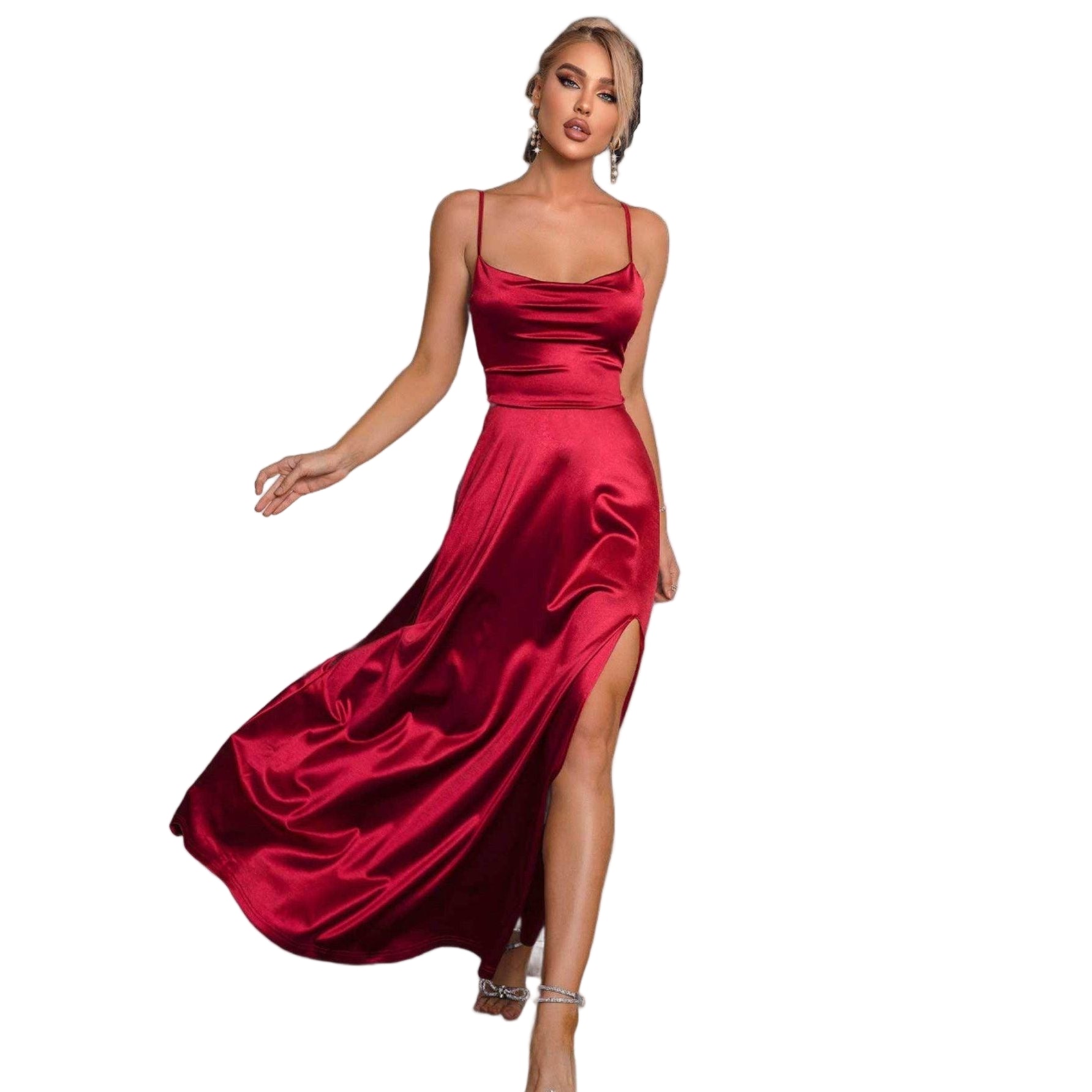 Spaghetti Strap Lace-Up Back Split Dress - VacationGrabs