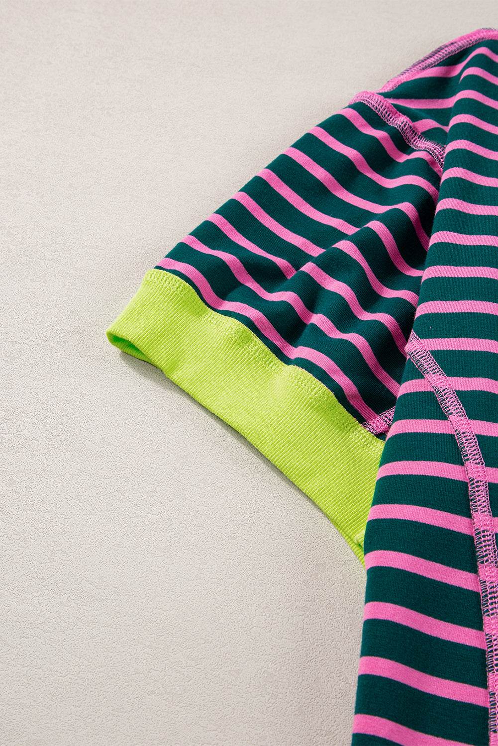 Green Stripe Oversized Contrast Trim Exposed Seam High Low T Shirt - VacationGrabs