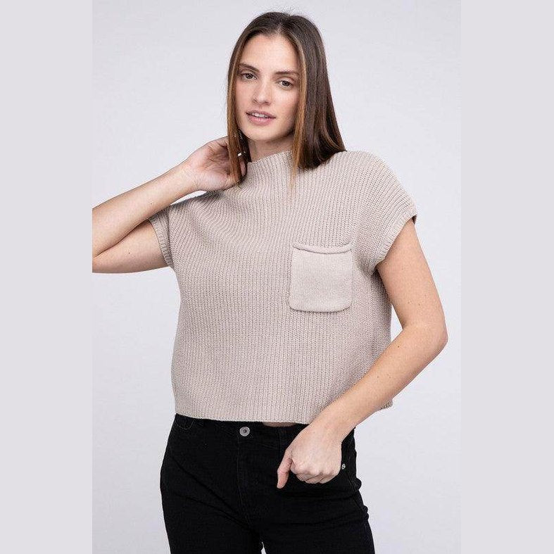 Mock Neck Short Sleeve Cropped Sweater - VacationGrabs