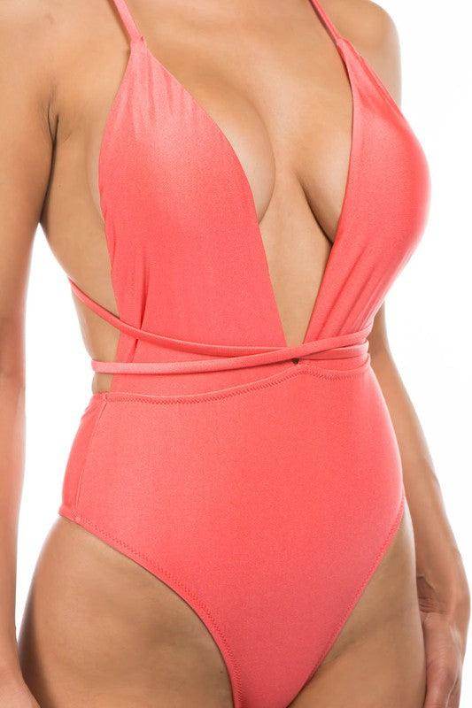 Deep V-Neck One-Piece Bathing Suit - VacationGrabs
