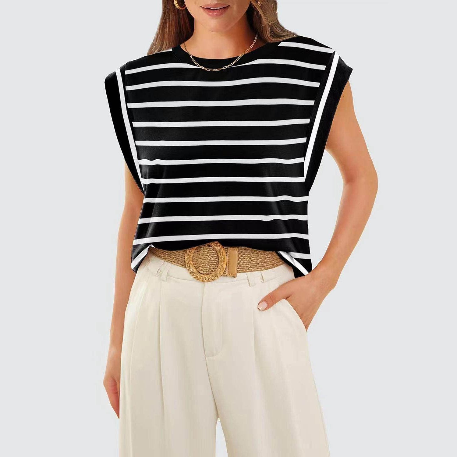 Striped Round Neck Cap Sleeve T-Shirt - VacationGrabs