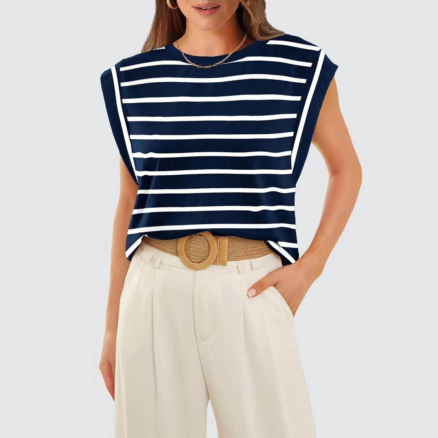 Striped Round Neck Cap Sleeve T-Shirt - VacationGrabs