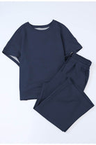 Navy Blue Textured Loose Fit T Shirt and Drawstring Pants Set - VacationGrabs