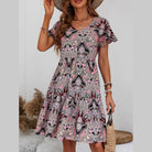 Printed V-Neck Tiered Dress - VacationGrabs
