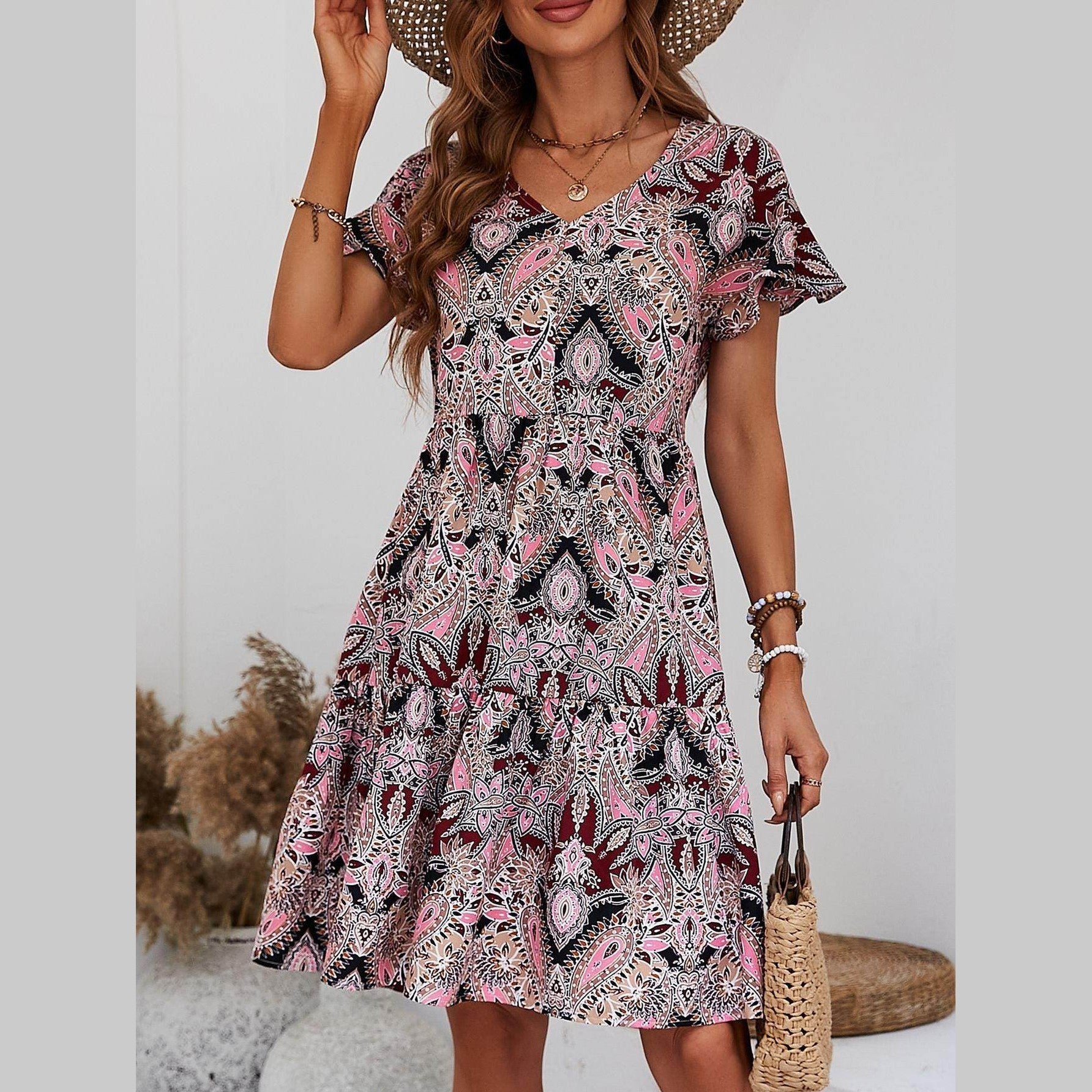 Printed V-Neck Tiered Dress - VacationGrabs