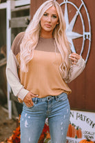 Khaki Color Block Long Sleeve Ribbed Loose Top - VacationGrabs