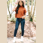 Gold Flame Patch Pocket Ribbed Knit Short Sleeve Sweater - VacationGrabs