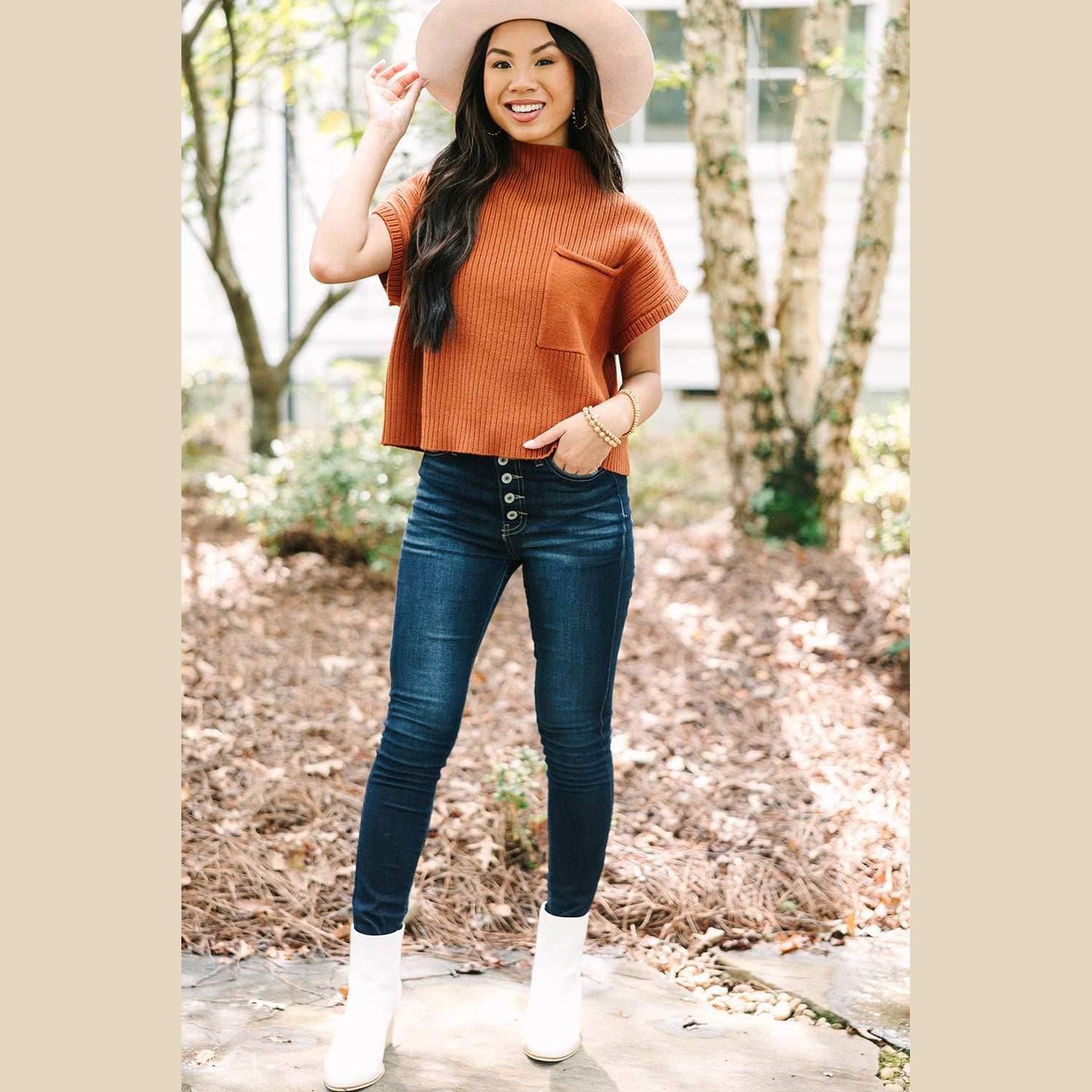 Gold Flame Patch Pocket Ribbed Knit Short Sleeve Sweater - VacationGrabs