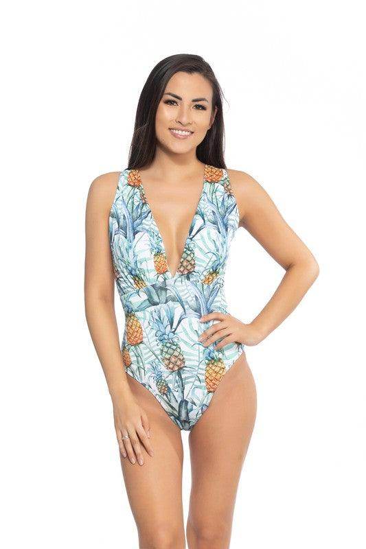 Pineapple V Neckline One Piece Swimsuit - VacationGrabs