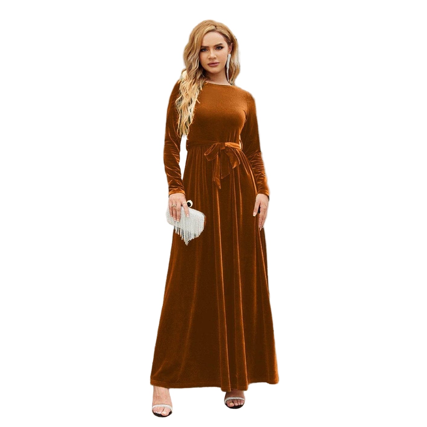 Tie Front Round Neck Long Sleeve Maxi Dress - VacationGrabs