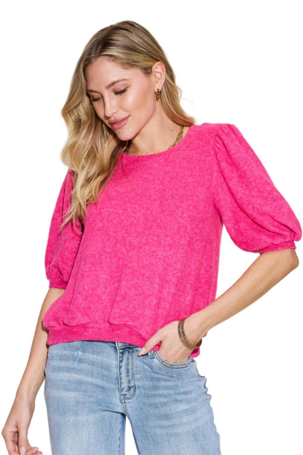 Zenana Round Neck Lantern Half Sleeve Sweater - VacationGrabs