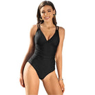 Ruched Bathing Suits Strappy V Neck Monokini - VacationGrabs