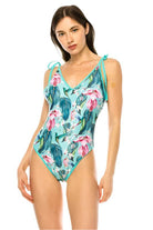 One Piece Bathing Suit Floral Print Shouler Top Ti - VacationGrabs