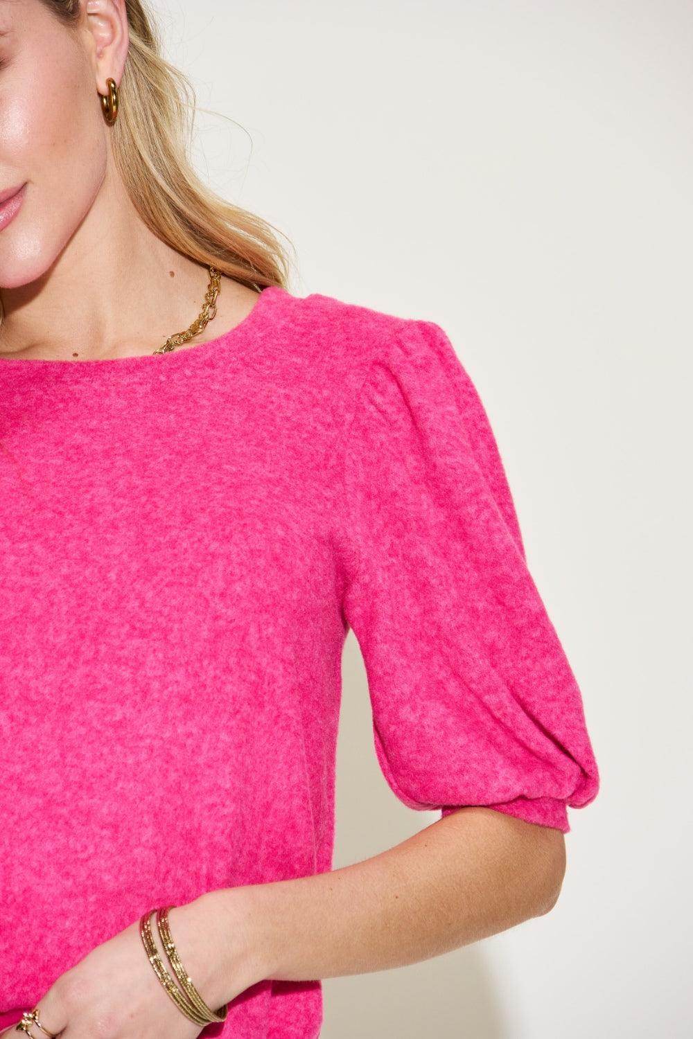 Zenana Round Neck Lantern Half Sleeve Sweater - VacationGrabs