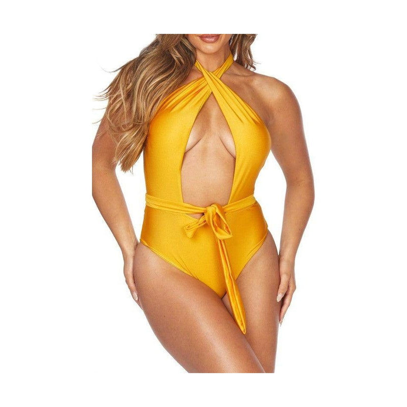 Swimwear - One Piece Criscross Halter Neckline Waist Wrap - VacationGrabs