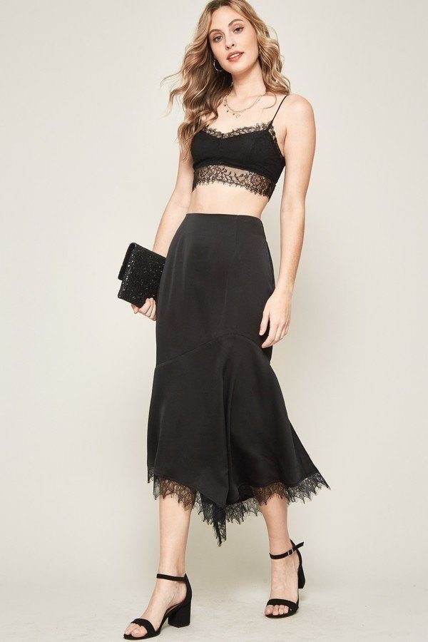 Black Lace Solid Woven Midi Skirt - VacationGrabs