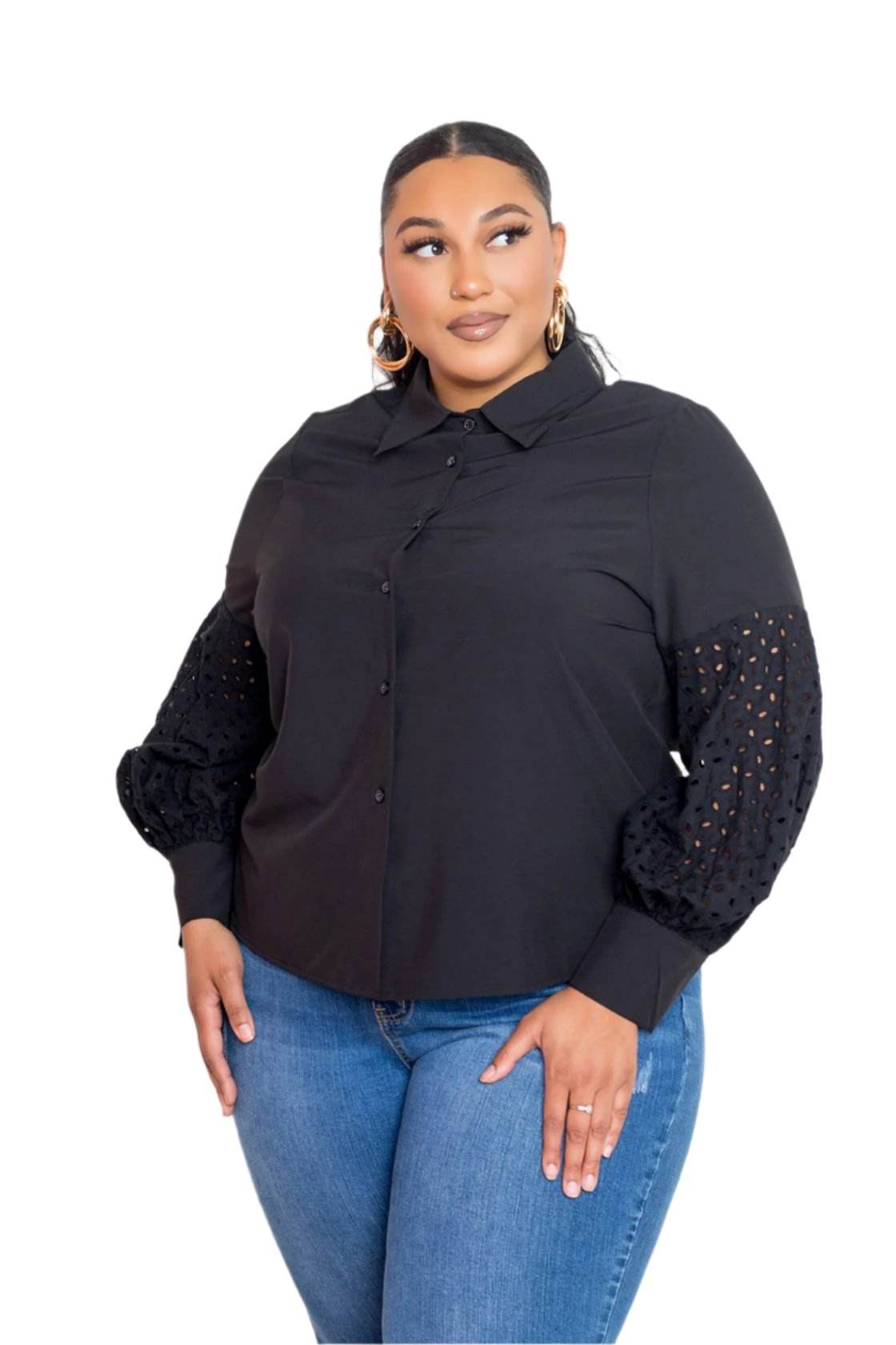 Blouse with Punched Sleeves - VacationGrabs