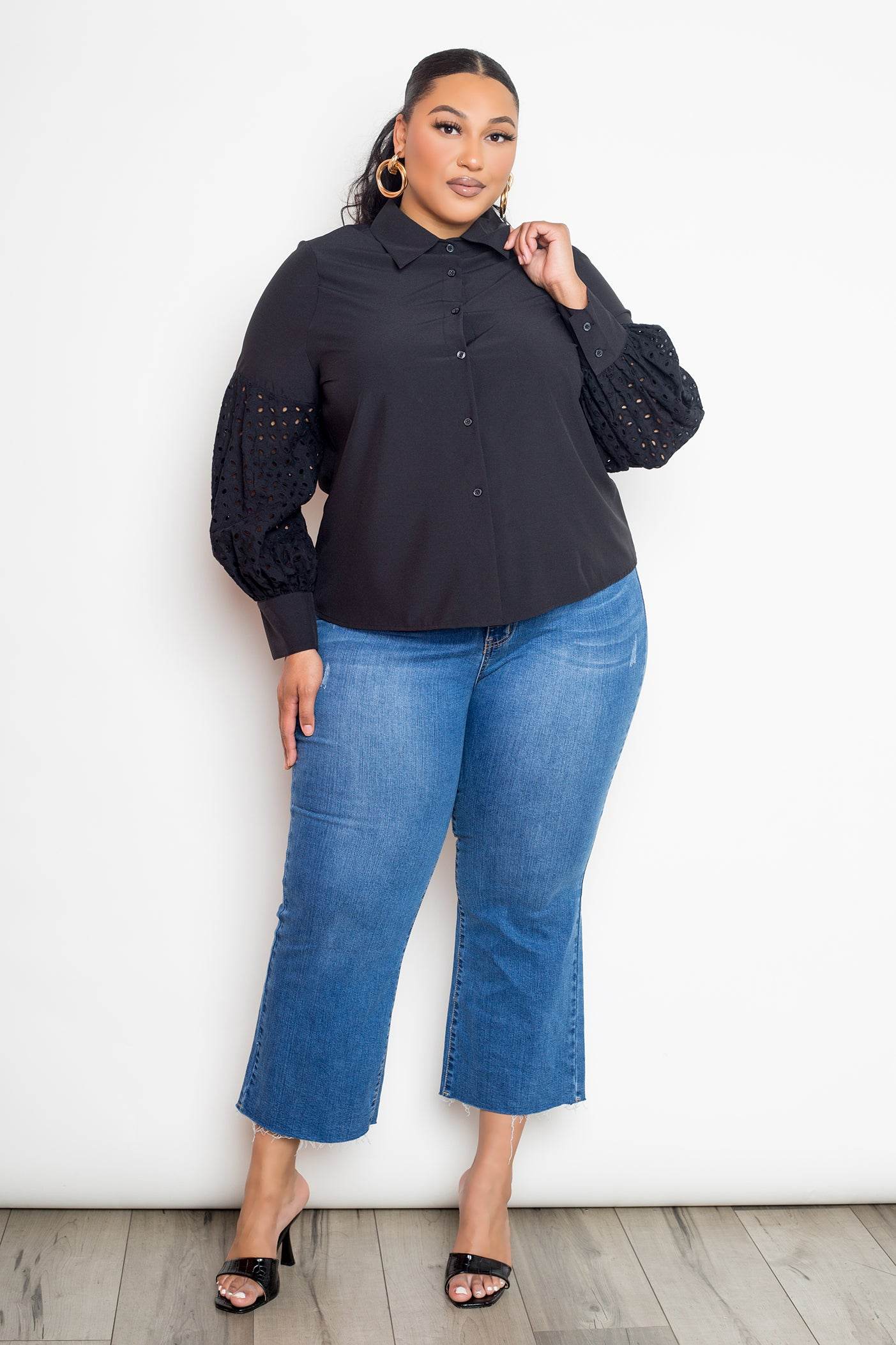 Blouse with Punched Sleeves - VacationGrabs