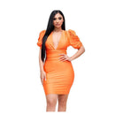 Solid Short Puff Sleeve Dress With Plunged V Neck Line - VacationGrabs