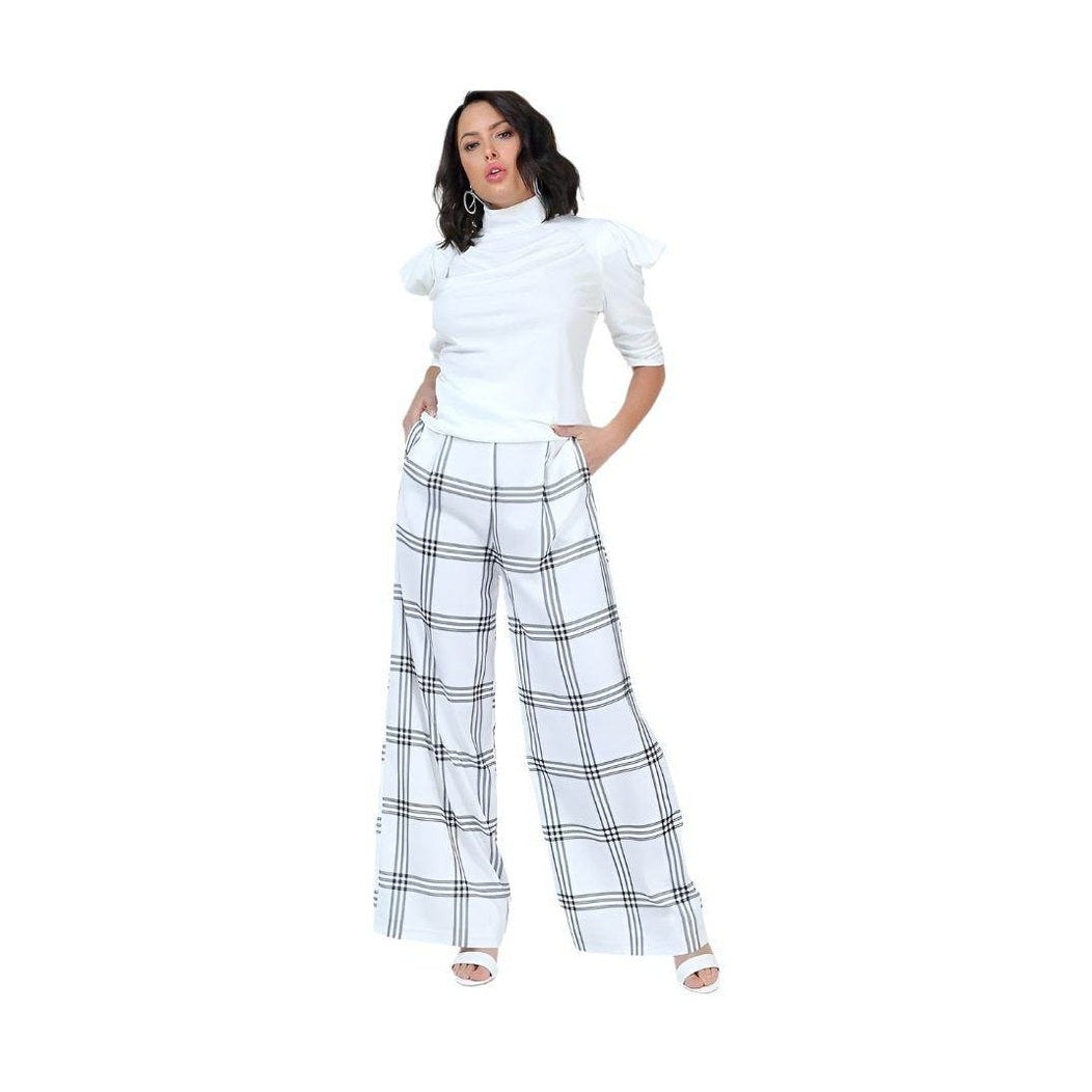 High Waist Plaid Print Wide Leg Pants - VacationGrabs