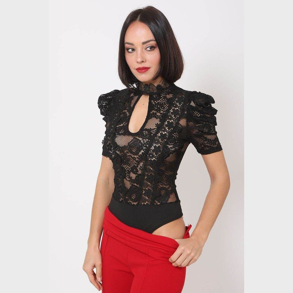 Lace Bodysuit W/front Key Hole Opening Details - VacationGrabs