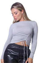 Long Sleeve Round Neck Side Ruched Top - VacationGrabs