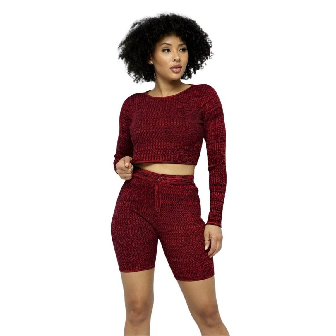 Knit LS Cropped Top Biker Shorts Set - VacationGrabs