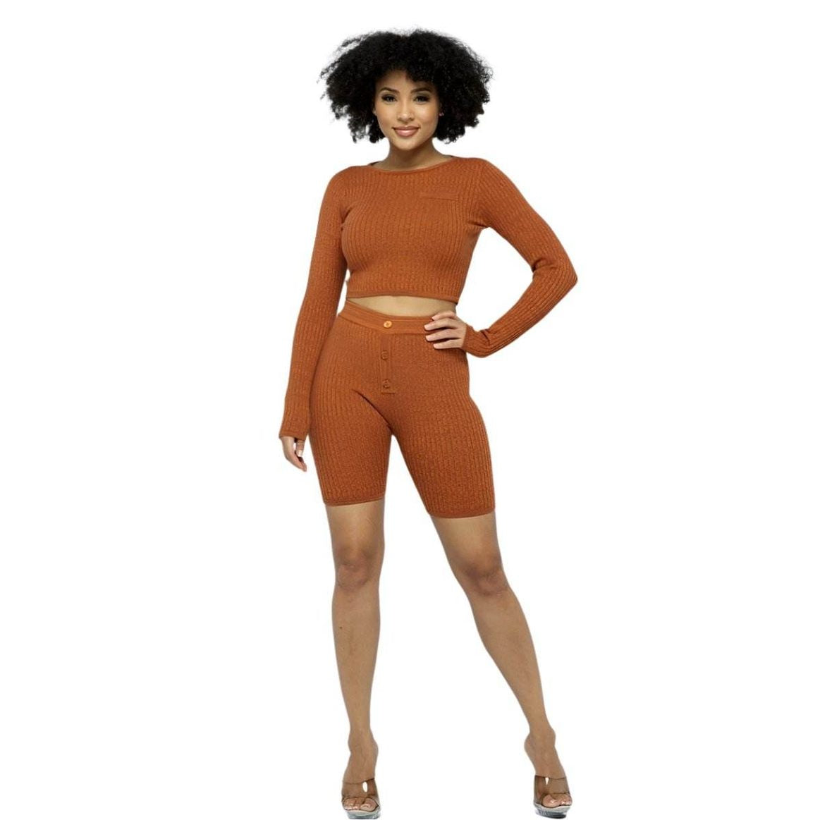 Knit LS Cropped Top Biker Shorts Set - VacationGrabs