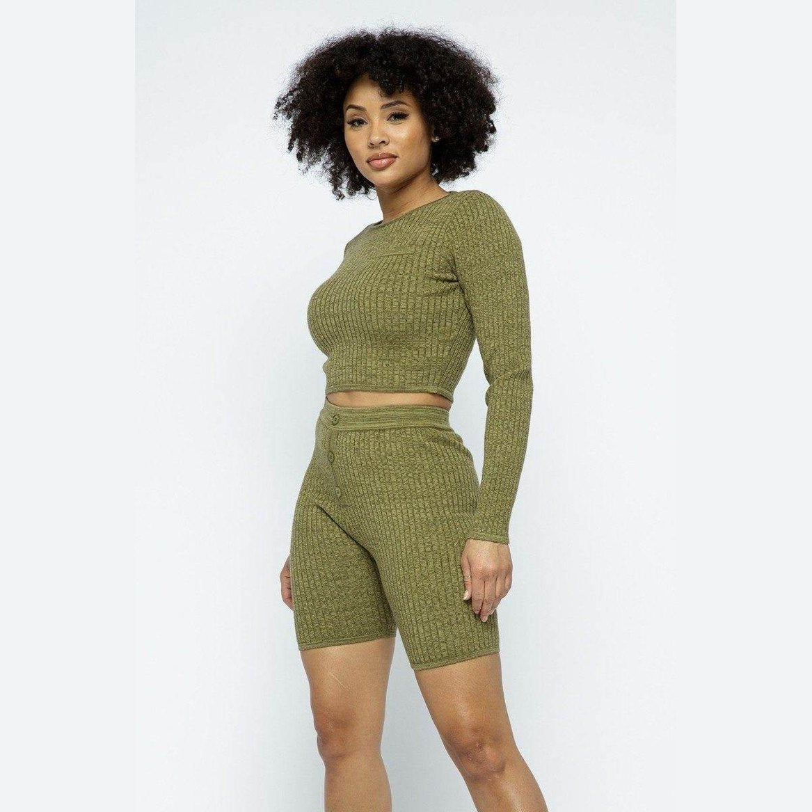 Knit LS Cropped Top Biker Shorts Set - VacationGrabs