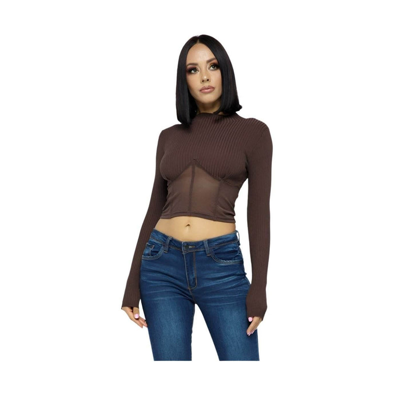Knit Crop Top With Bottom Mesh - VacationGrabs
