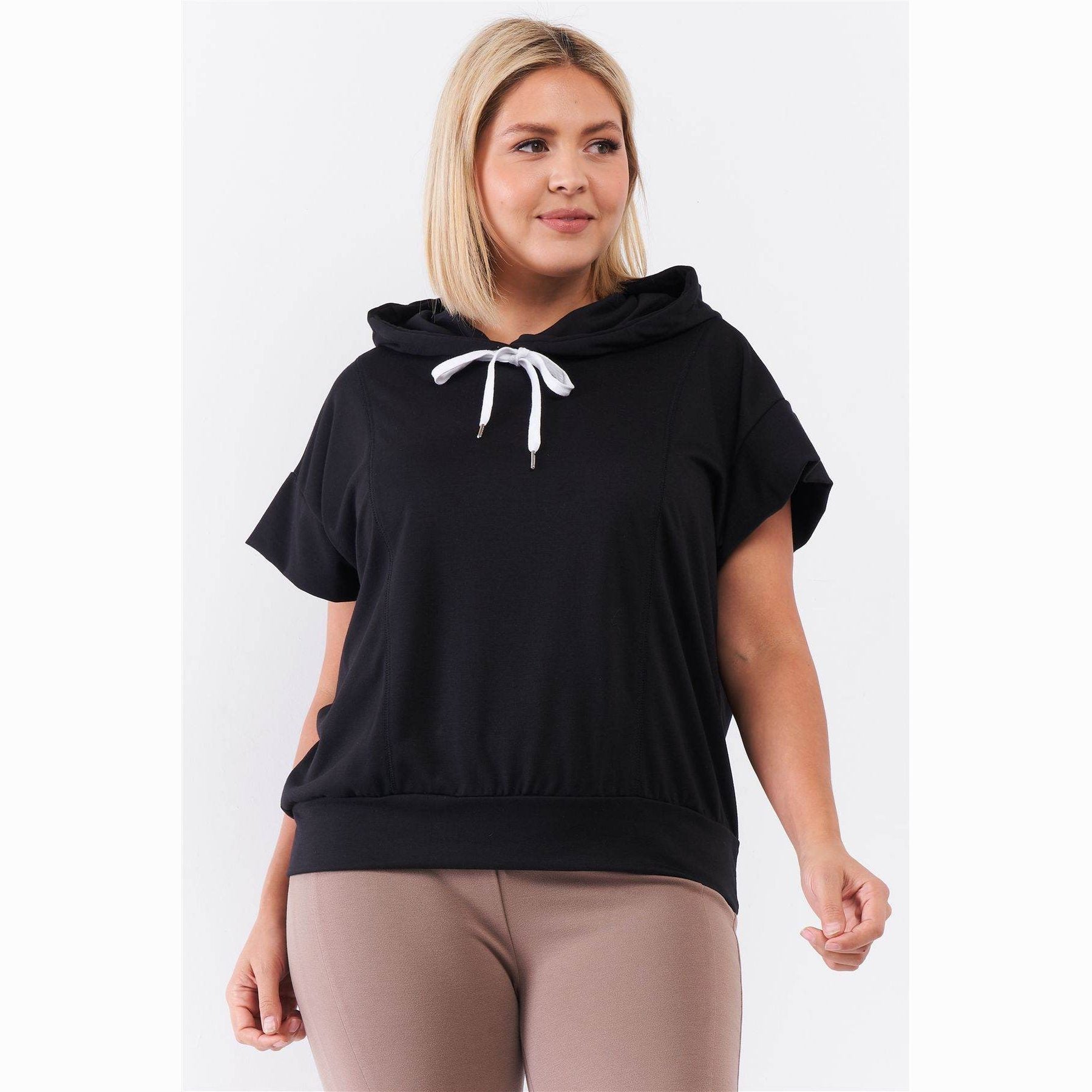 Black Short Wing Sleeve Draw String Tie Hood - VacationGrabs